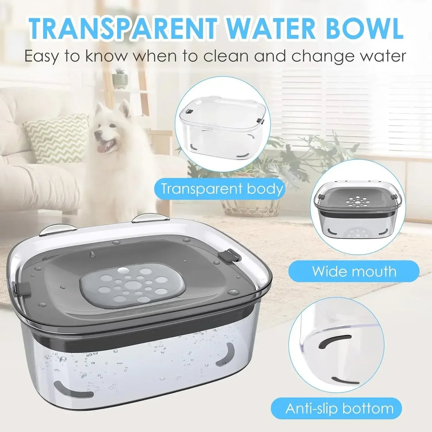 2L Anti Bowl Splash Dripless Dispenser Drinking Bowl Water Water No Mess Slow Proof Dog Cat Refill, Reduce Pet Spill