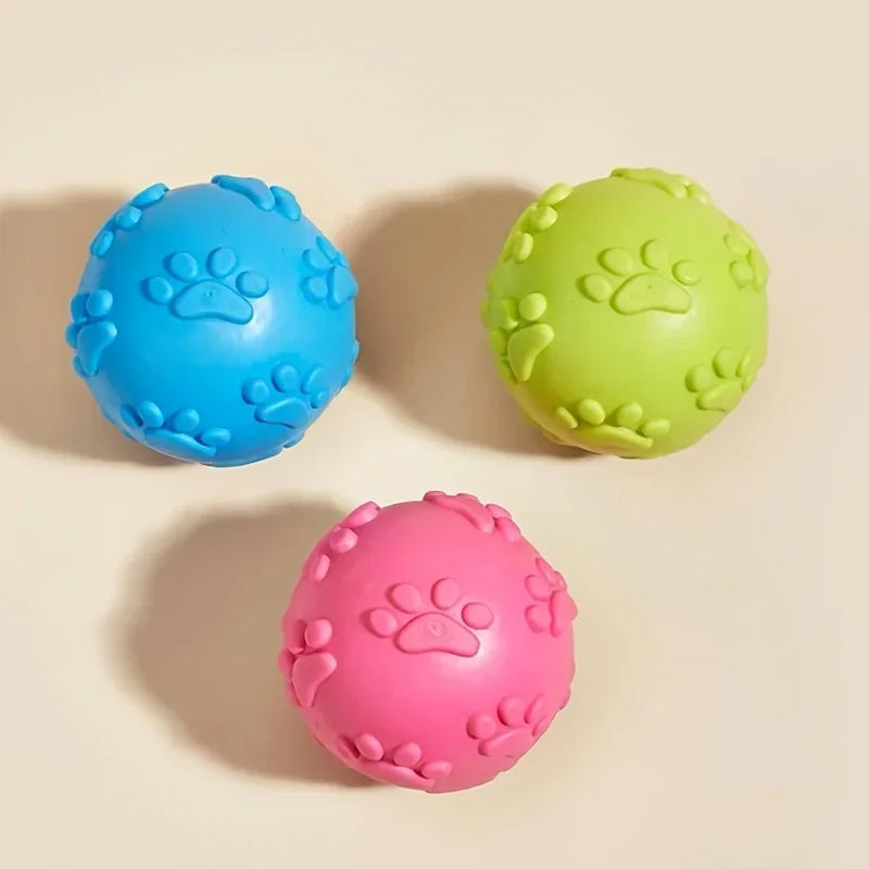 Squeaky Rubber Dog Toy Ball Cartoon Paw Print Design Small Breeds Durable Chew Dental Health Pet Plaything Interactive Dog Toys