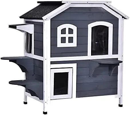 2-Story Cat House Outdoor, Weatherproof Wooden Cat Enclosure for Feral Cats with Escape Door, Openable Roof, Jumping Platforms,