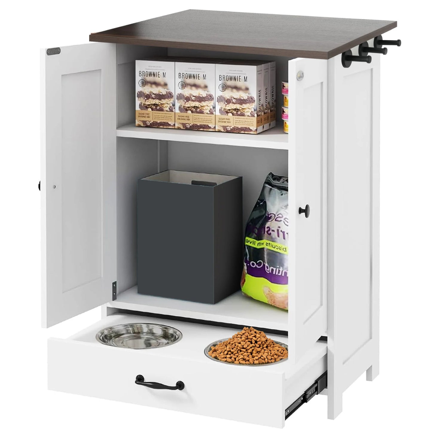 Pet Feeding Station Food Storage Cabinet with 3pcs Hooks Hidden Detachable Stainless Steels Dog Bowls for Medium Sized Dogs