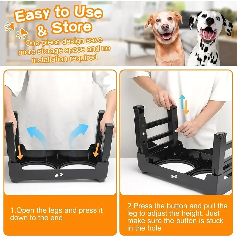 Adjustable Elevated Pet Dish Bowl Black Raised Stand with Double Stainless Steel Food Water Bowls for Small Medium Large Dog Cat