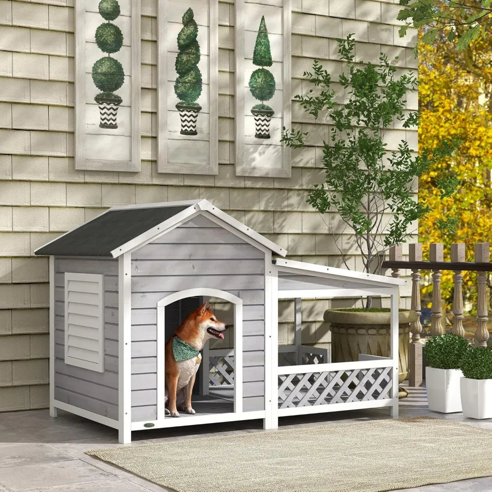 Wooden Dog House Outdoor with Porch, Cabin Style Raised Dog Shelter with Asphalt Roof, Doors, and Shutter Window, for Medium La