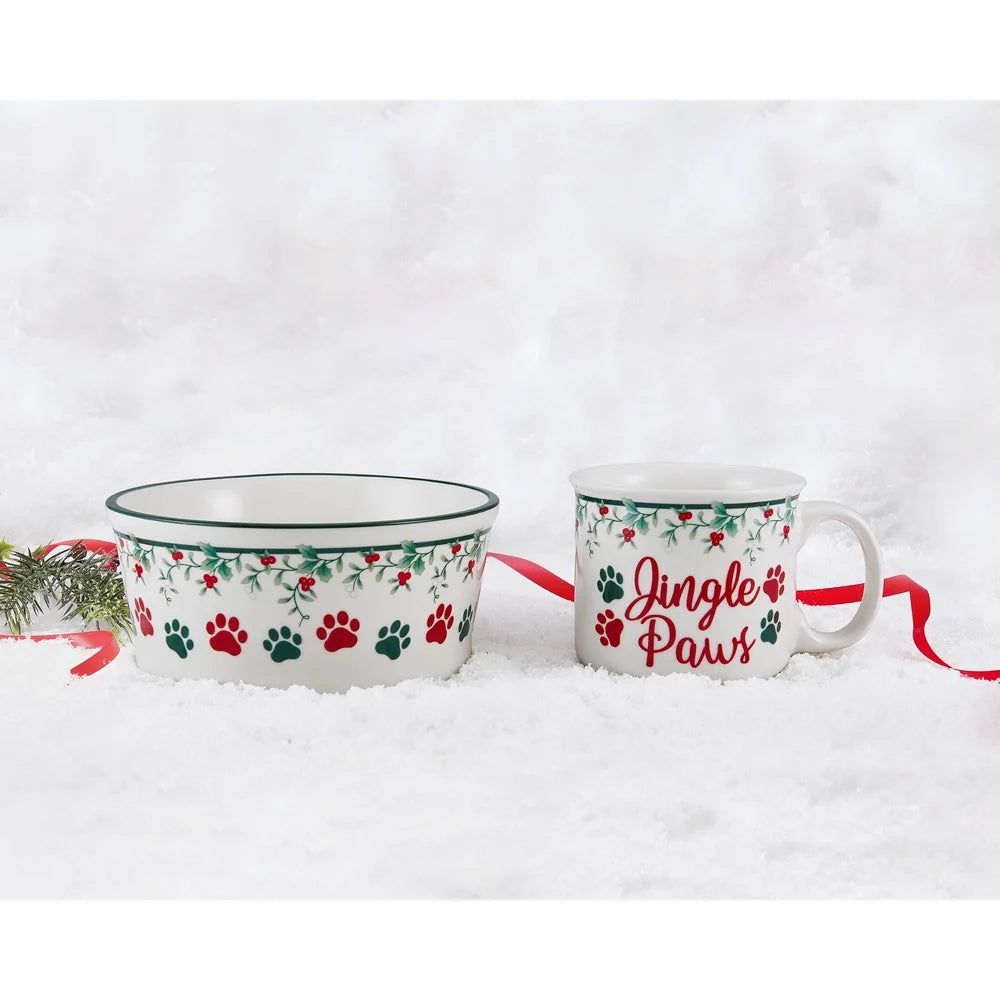 Winterberry Porcelain Mug and Pet Bowl Set 18oz Dogs Jingle Paws Accents Dishwasher Microwave Safe 2-Piece Holiday Gift