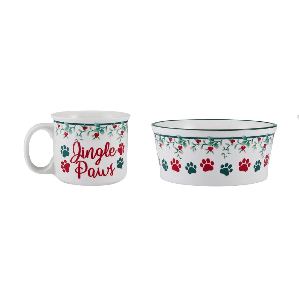 Winterberry Porcelain Mug and Pet Bowl Set 18oz Dogs Jingle Paws Accents Dishwasher Microwave Safe 2-Piece Holiday Gift