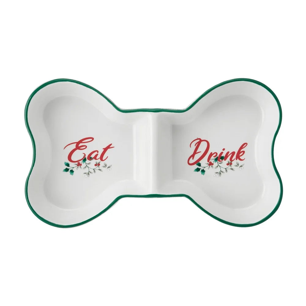 Winterberry Dolomite Divided Pet Bowl Festive Bone Design Dogs Eat Drink Compartments Durable Gift Box Easy Care 14oz Capacity