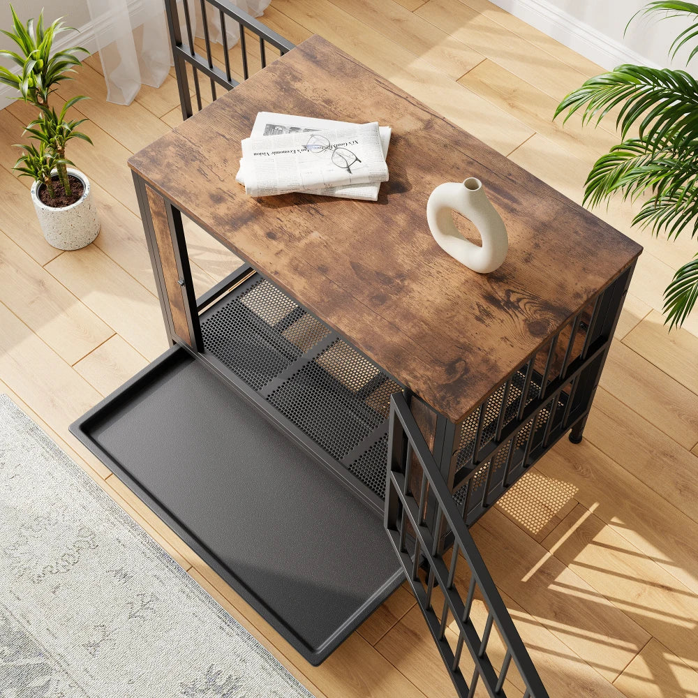 Dog Crate Furniture, Wooden Dog Crate Table, 32.8" Dog Kennel with 2 Sliding Doors and Thick Iron Door Frame, Decorative Pet