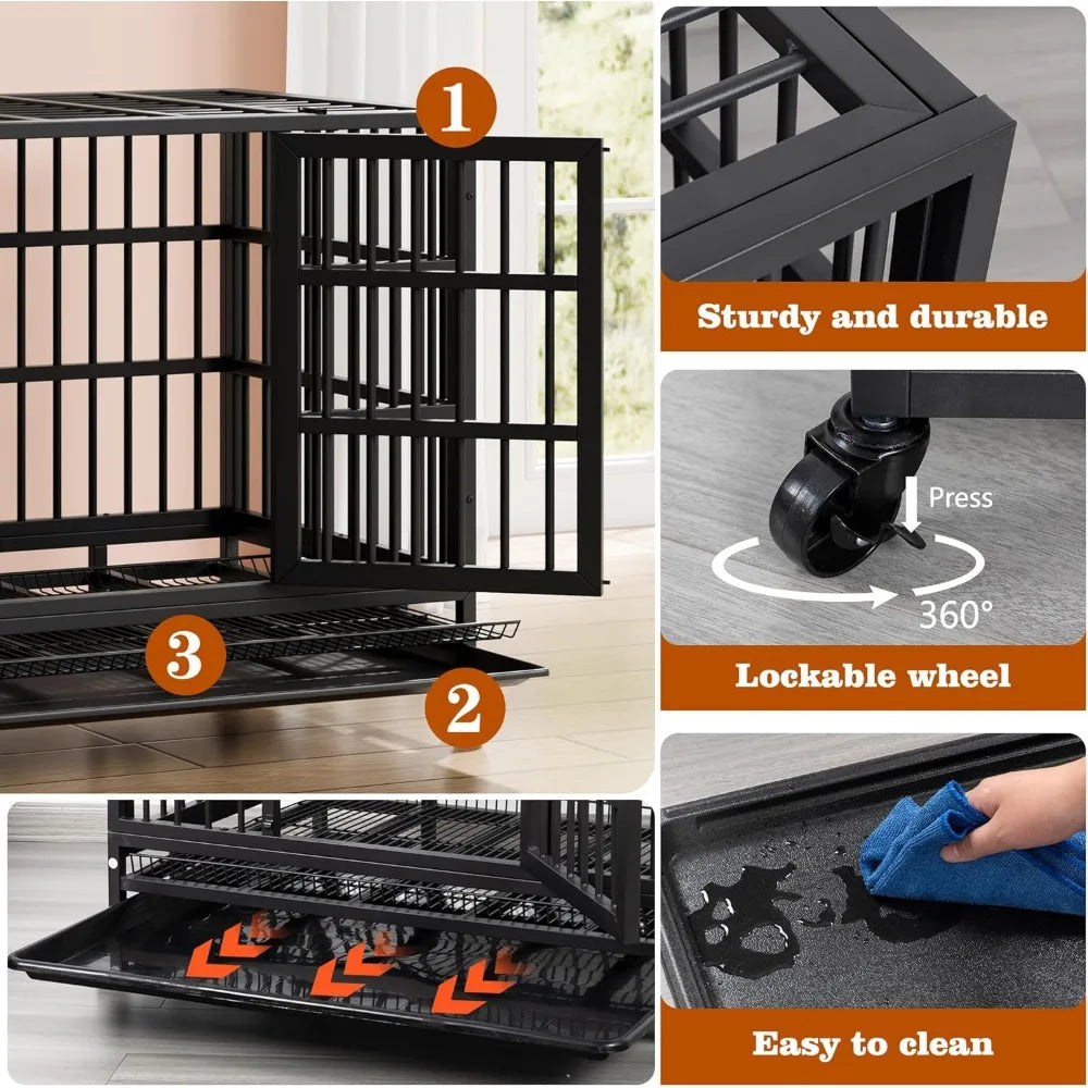 48/38 "Heavy Duty Indestructible Dog Cage Double Door Escape Cage Kennel, Reinforced Metal Pet Cage, Oversized XL XXL Dog Cage