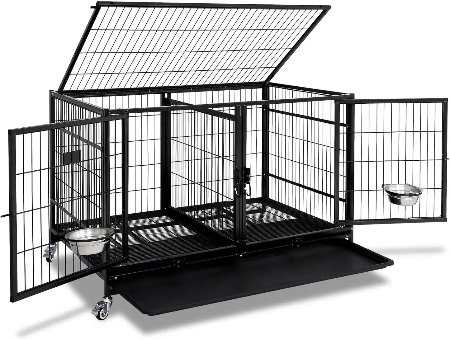 43 Inch Metal Open Top Stackable Heavy Duty Dog Cage Kennel with Three Door, Metal Floor Grid, Tray, Wheels, Divider and Feeding