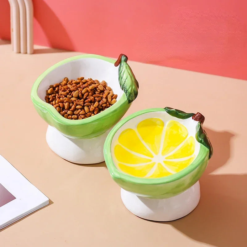 Food Bowl Foot Protection Fruit Food Ceramic Cat Cat Cat Hand-painted Mouth Series Neck Oblique Bowl Pet Bowl High