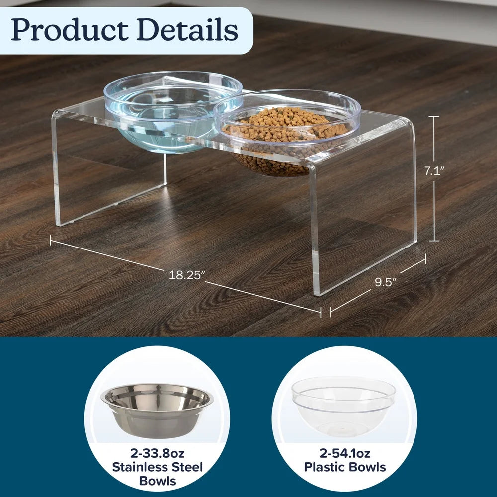Elevated Dog Cat Bowls Set Acrylic Stand 7.1in Tall Four Bowls Included Easy Clean Modern Design Stable Feeding Station