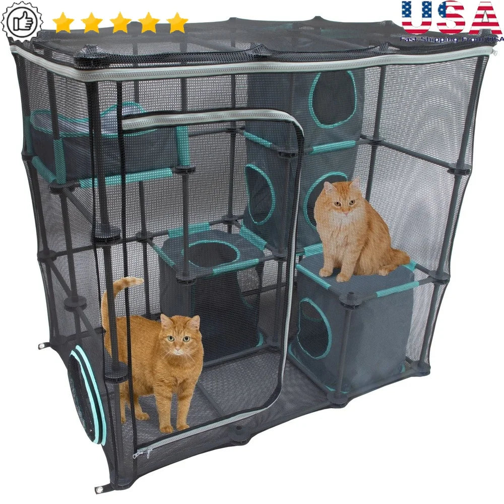 Outdoor Cat Catio Play Kit Expandable Mesh Enclosure with Cubby Hideaways and Zip Door Access Multiple Cats