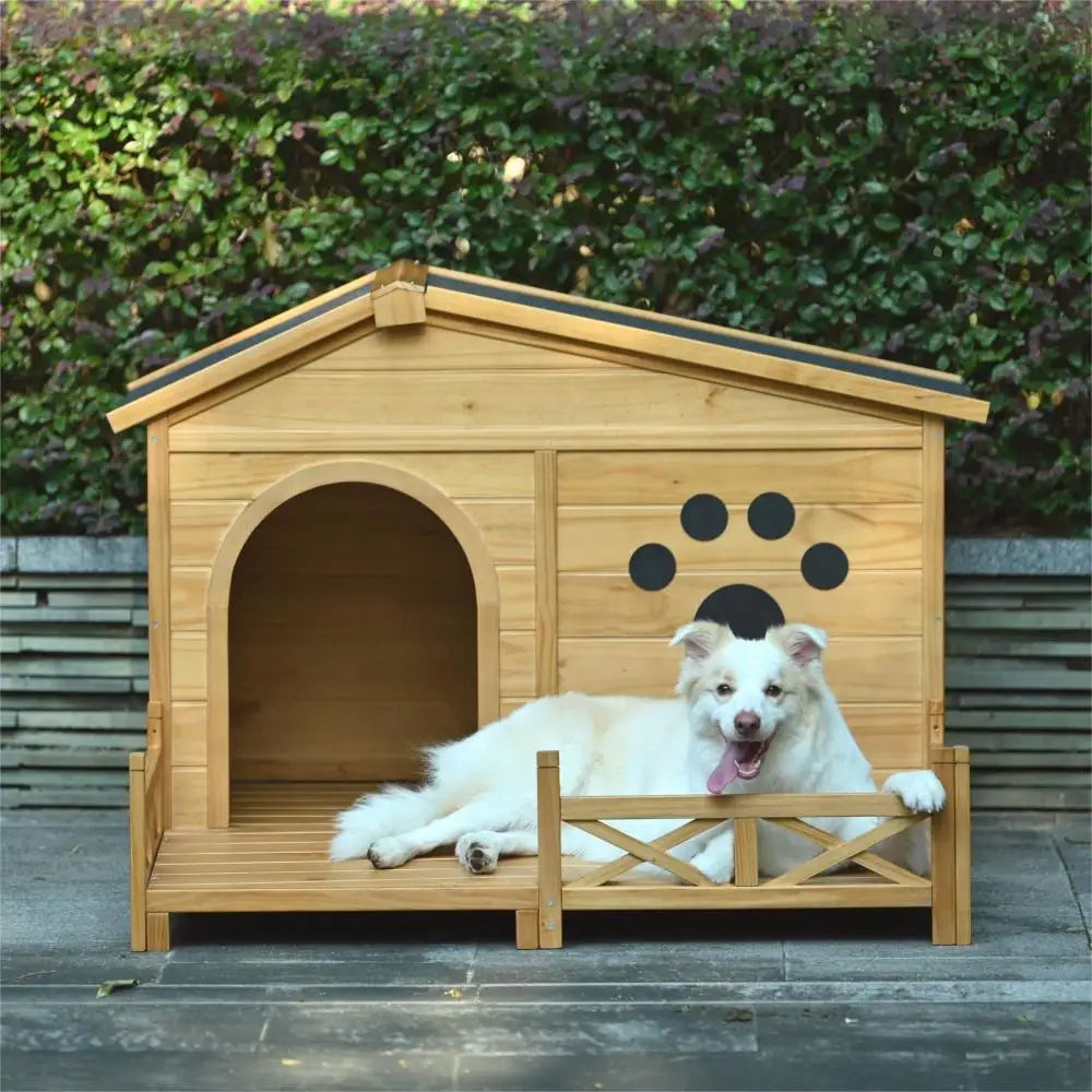 48" Wooden Dog House Outdoor with Porch, Dog Kennel with Water-Resistant Asphalt Roof and Fencing,Indoor & Outdoor Dog Crate