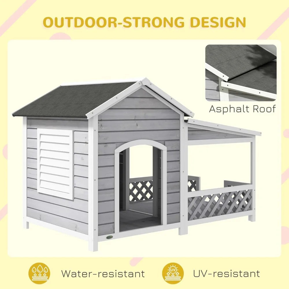 Wooden Dog House Outdoor with Porch, Cabin Style Raised Dog Shelter with Asphalt Roof, Doors, and Shutter Window, for Medium La