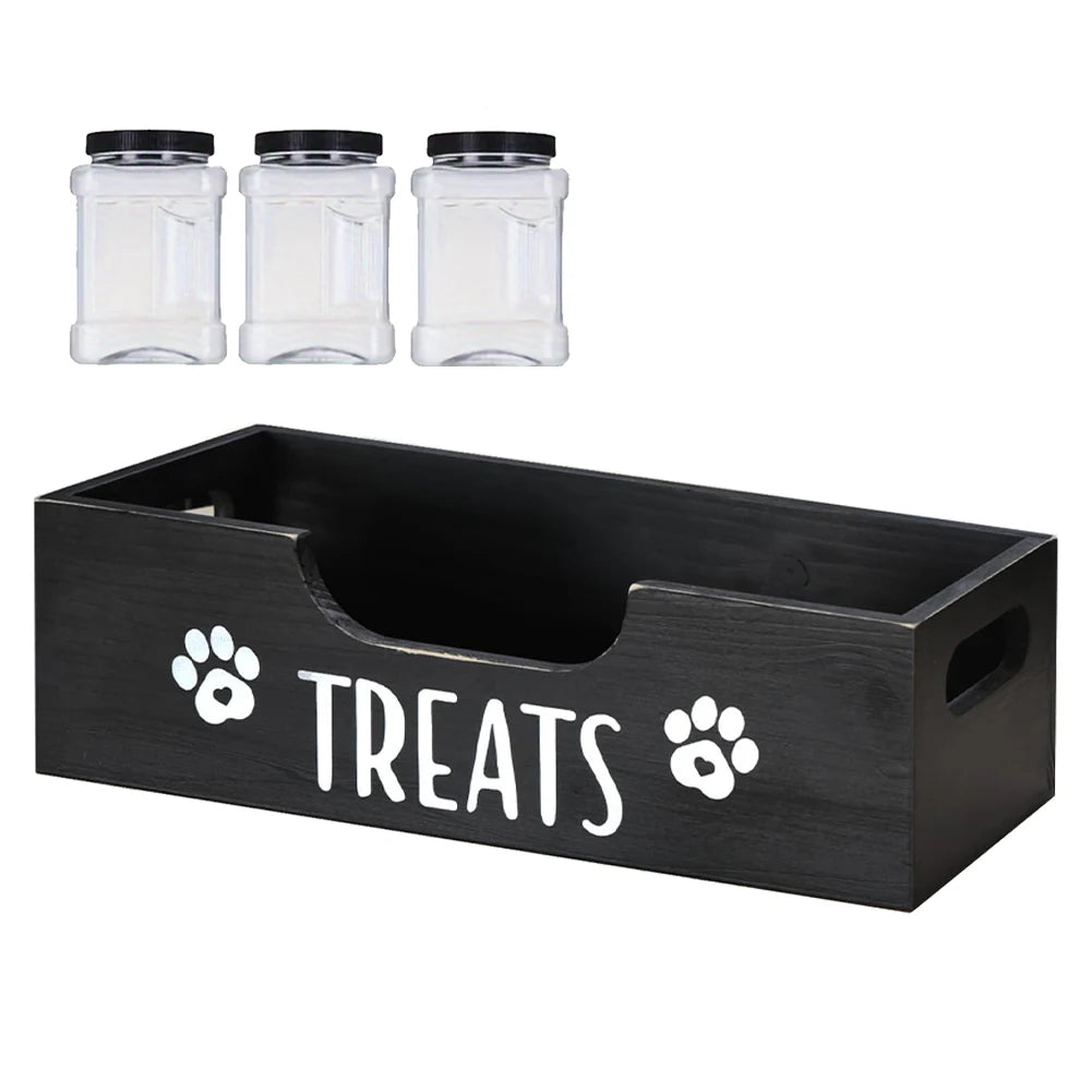Wooden Pet Snack Storage Box with 3 Plastic Treat Jar Dog Treat Container Airtight Dog Treat Bin for Pet Gift Supply Accessories