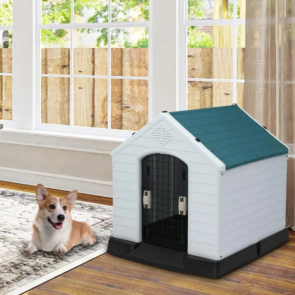 Plastic Dog House, Pet Dog Kennel Water Resistant for Small Medium Sized Dogs with Door, Indoor & Outdoor Use (32.7" H)