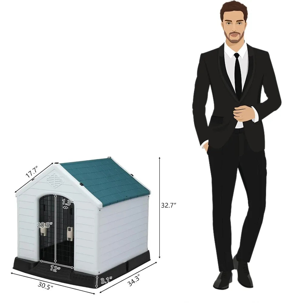 Plastic Dog House, Pet Dog Kennel Water Resistant for Small Medium Sized Dogs with Door, Indoor & Outdoor Use (32.7" H)