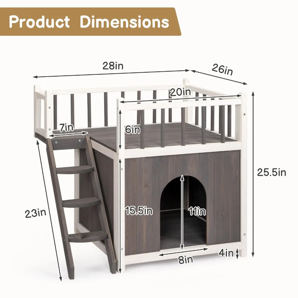 2-Story Wooden Feral Cat House Dog House for Outdoor and Indoor,with Stairs, Grey & White Pet House