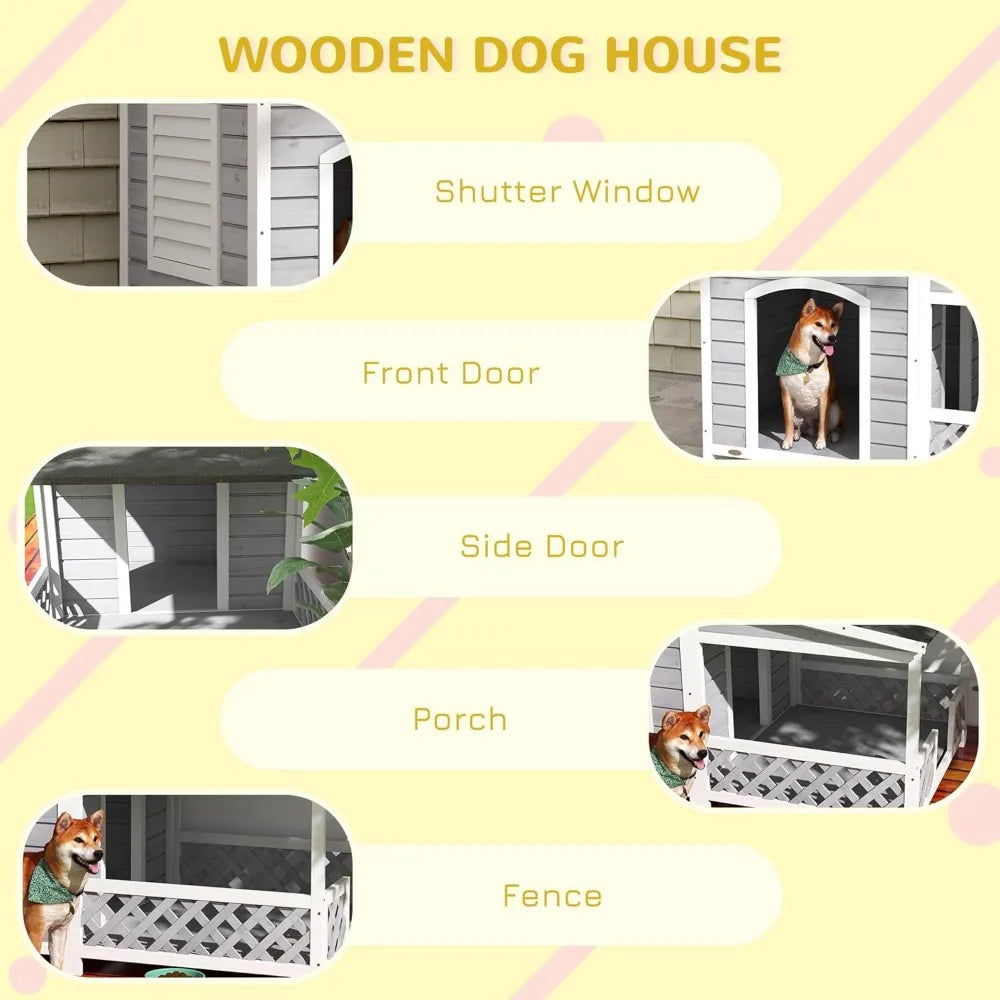 Wooden Dog House Outdoor with Porch, Cabin Style Raised Dog Shelter with Asphalt Roof, Doors, and Shutter Window, for Medium La