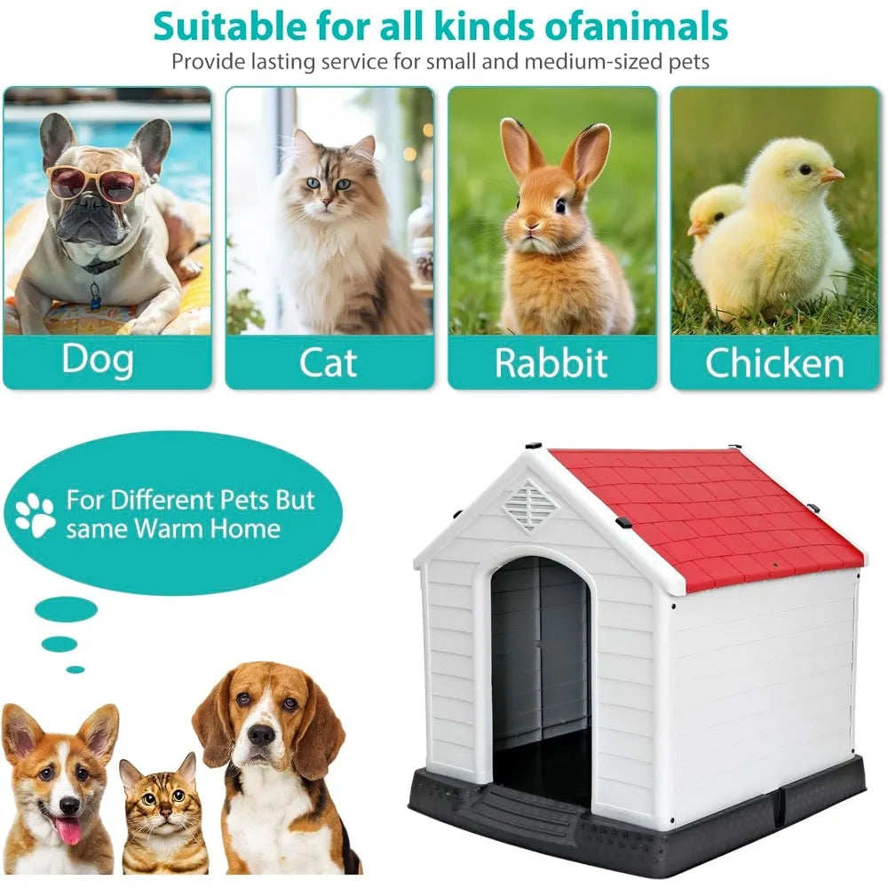 Large Plastic Dog House - Waterproof Dog Kennel with Air Vents and Elevated Floor All Weather Indoor Outdoor Insulated Doghouse