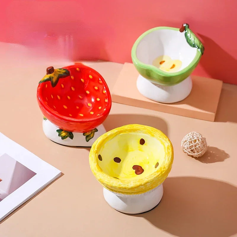 Food Bowl Foot Protection Fruit Food Ceramic Cat Cat Cat Hand-painted Mouth Series Neck Oblique Bowl Pet Bowl High
