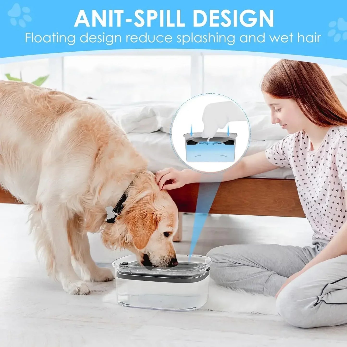 2L Anti Bowl Splash Dripless Dispenser Drinking Bowl Water Water No Mess Slow Proof Dog Cat Refill, Reduce Pet Spill