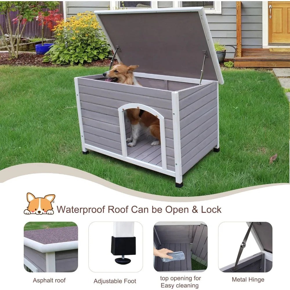 40" Wooden Outdoor Dog Houses, Waterproof Dog House Outside with Window & Door Flap Waterproof Dog House Outdoor Indoor, Assembl