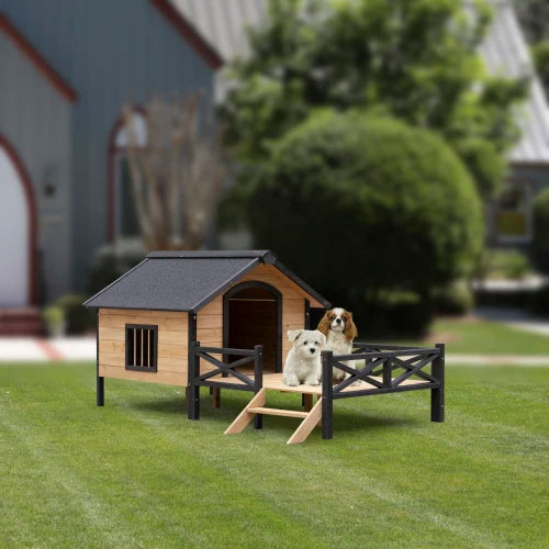 Outdoor large wooden house style wooden dog house with porch, porch and protective fence, waterproof tile roof
