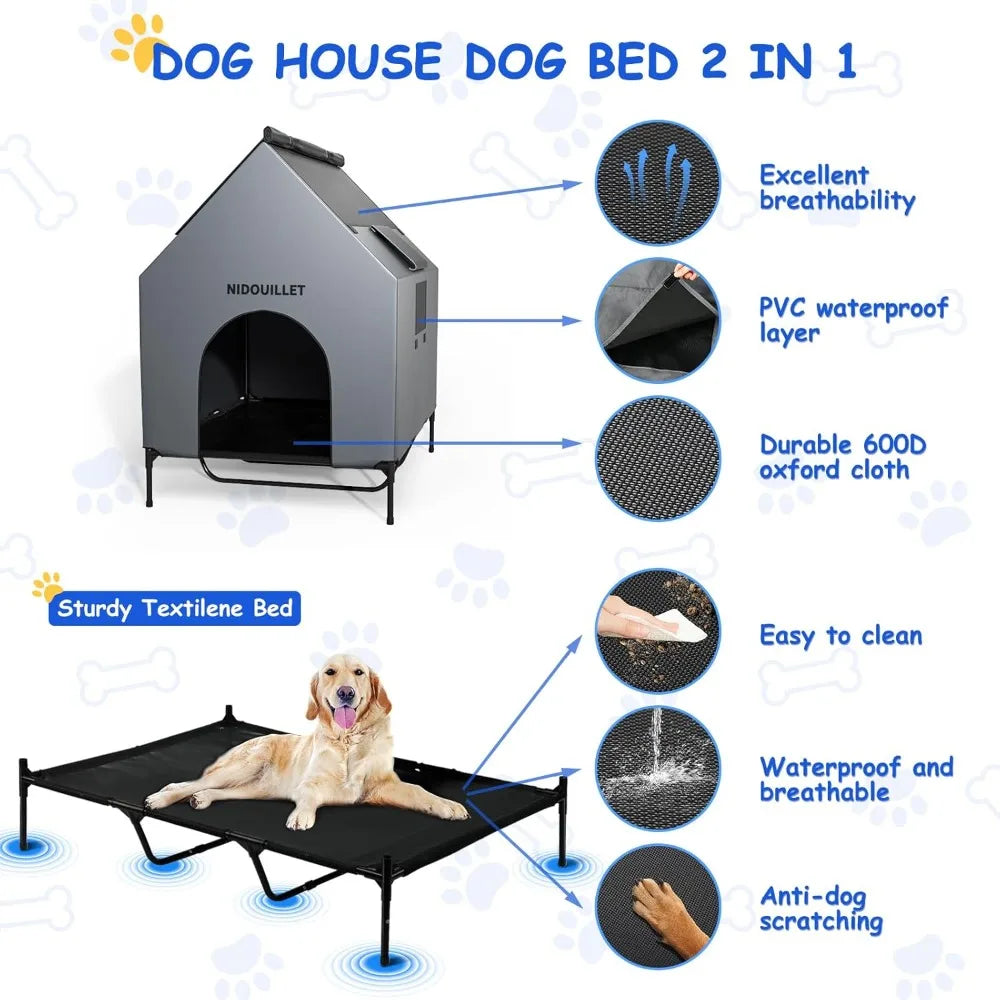 48" Dog House for Outdoor Indoor, X-Large Dog Houses Weatherproof 600D PVC with 8.5" H Textilene Elevated Dog Bed Breathable, Ea