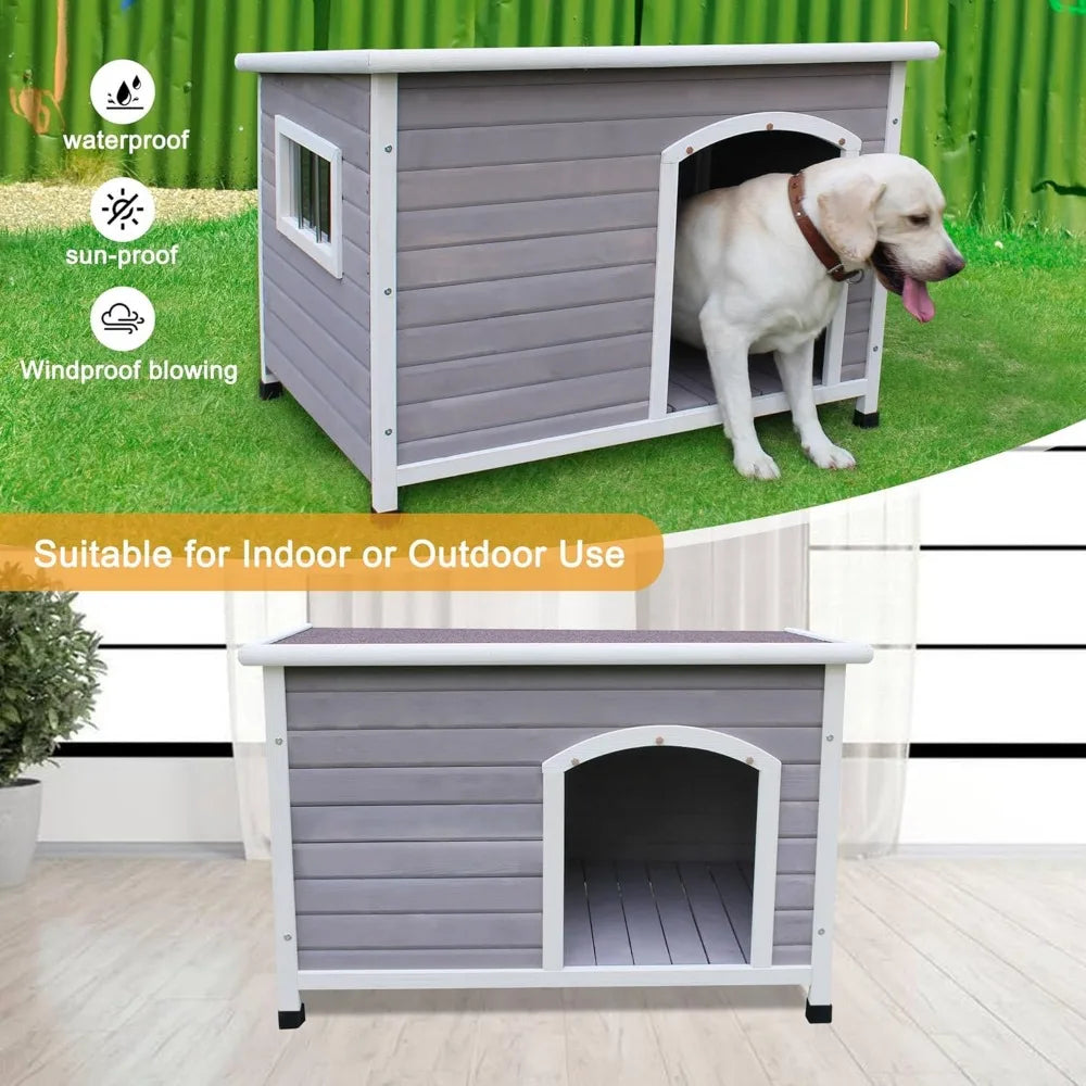 40" Wooden Outdoor Dog Houses, Waterproof Dog House Outside with Window & Door Flap Waterproof Dog House Outdoor Indoor, Assembl
