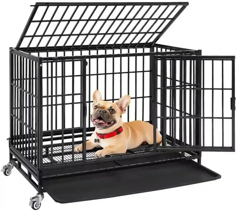 43 Inch Metal Open Top Stackable Heavy Duty Dog Cage Kennel with Three Door, Metal Floor Grid, Tray, Wheels, Divider and Feeding