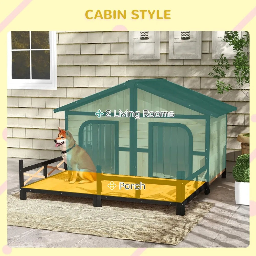 Wooden Large Dog House Outdoor Double XL Dog Kennel with Elevated Floor and Porch, Weatherproof Puppy Shelter for Small and Med
