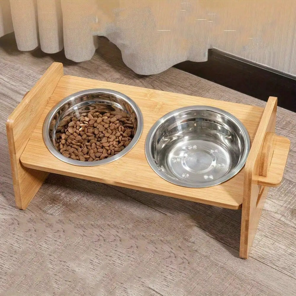 Pet Dog Cat Food Feeding Stand Station Stainless Double Raised Bowls Dish Holder