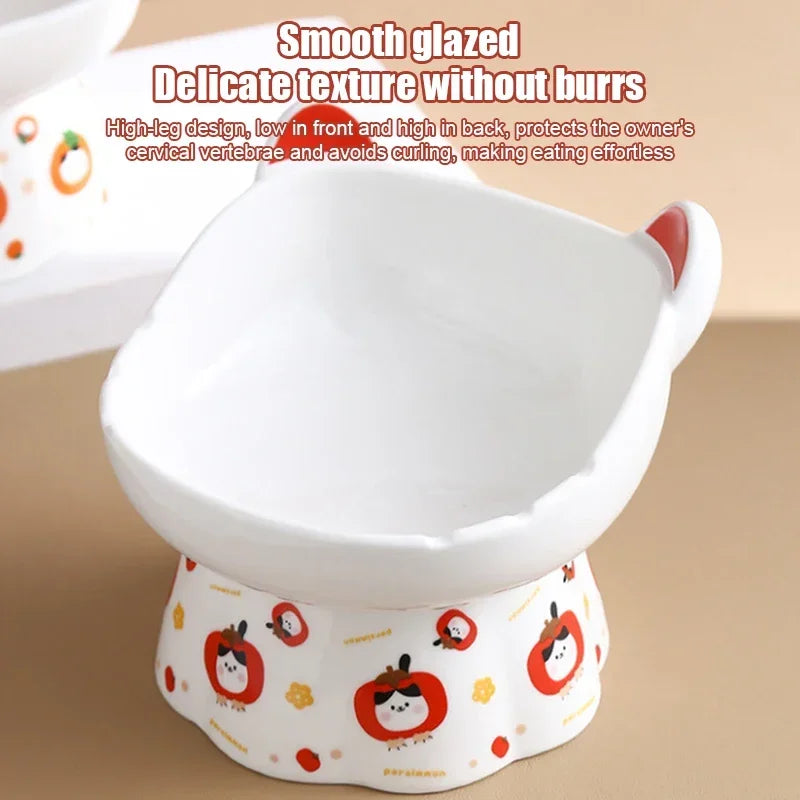 New Ceramic Cat Bowl Protects Cervical Vertebra from Overturning, Oblique Opening High Foot Food Bowl Pet Supplies