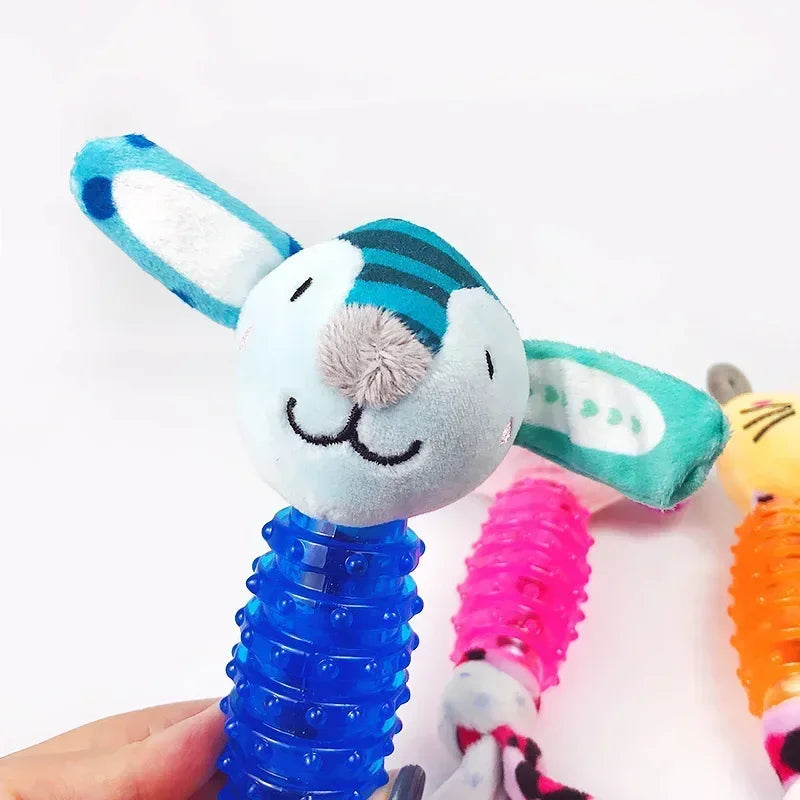Dogs Toy with Rubber Body Molar Stick Cartoon Animal Shaped Doll Plush for Dogs Interactive Training Pet Doll Chew Toy Supplies