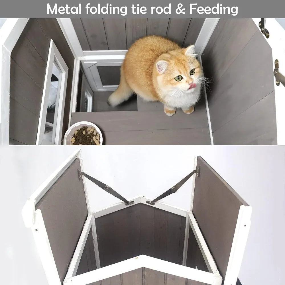 Outdoor Cat Shelter Weatherproof, Two Story Wooden Outside Feral Cat House with Openable Roof, Escape Door