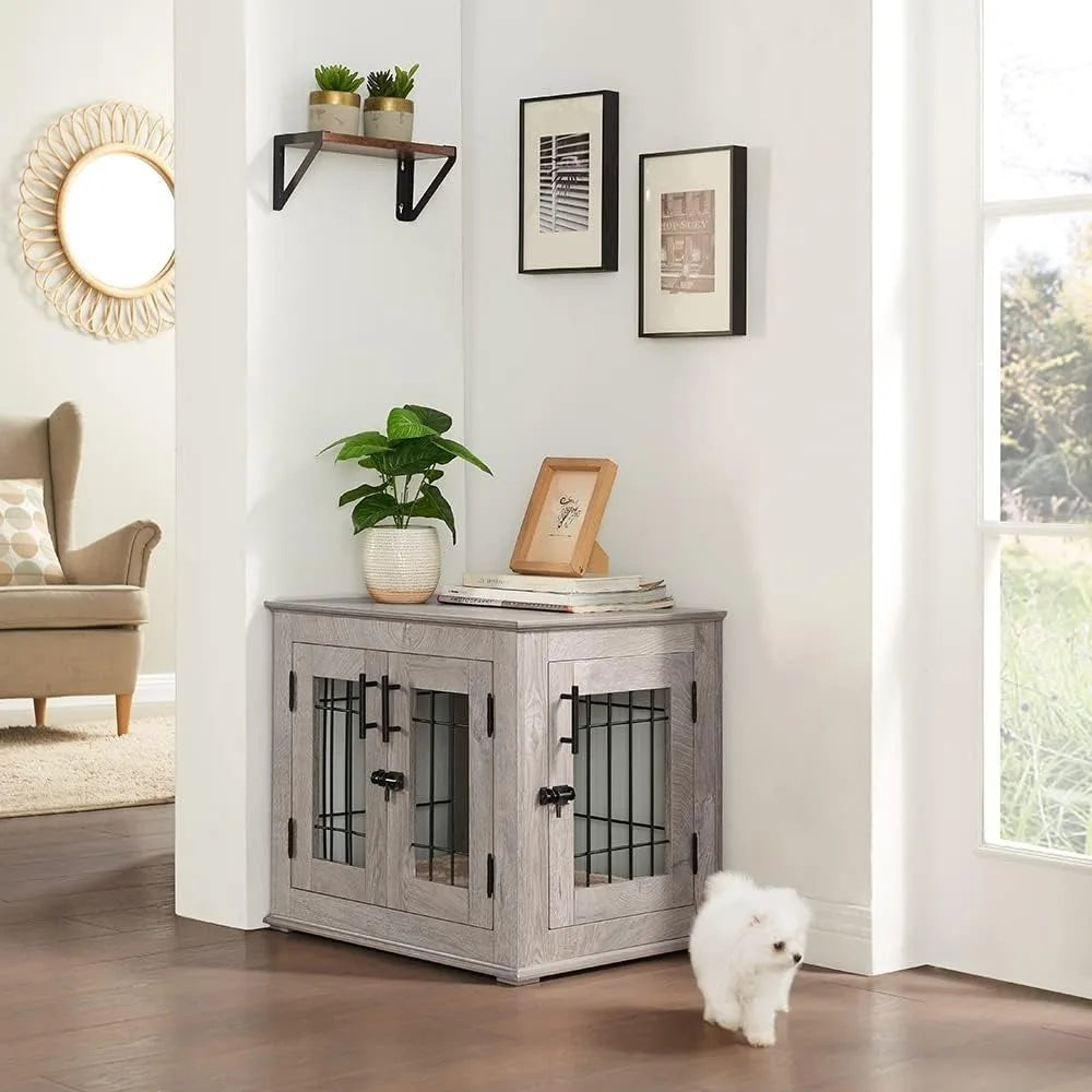 Furniture Style Dog Crate End Table, Double Doors Wooden Wire Dog Kennel with Pet Bed, Pet Crate Dog House Indoor Medium Large