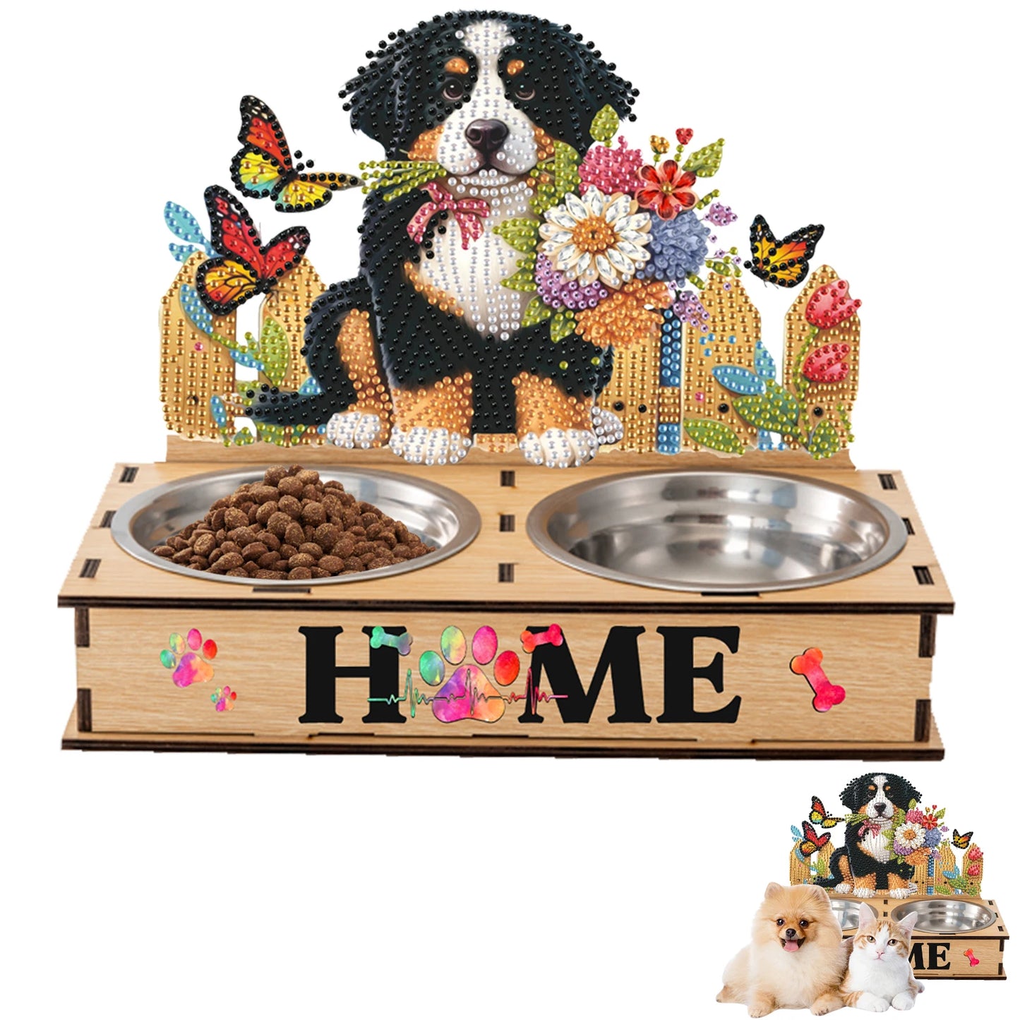 5D DIY Diamond Painting Water Feeder Diamond Painting Pet Feeder Making Kit Rhinestones Stainless Steel Pet Bowl for Cats Dogs