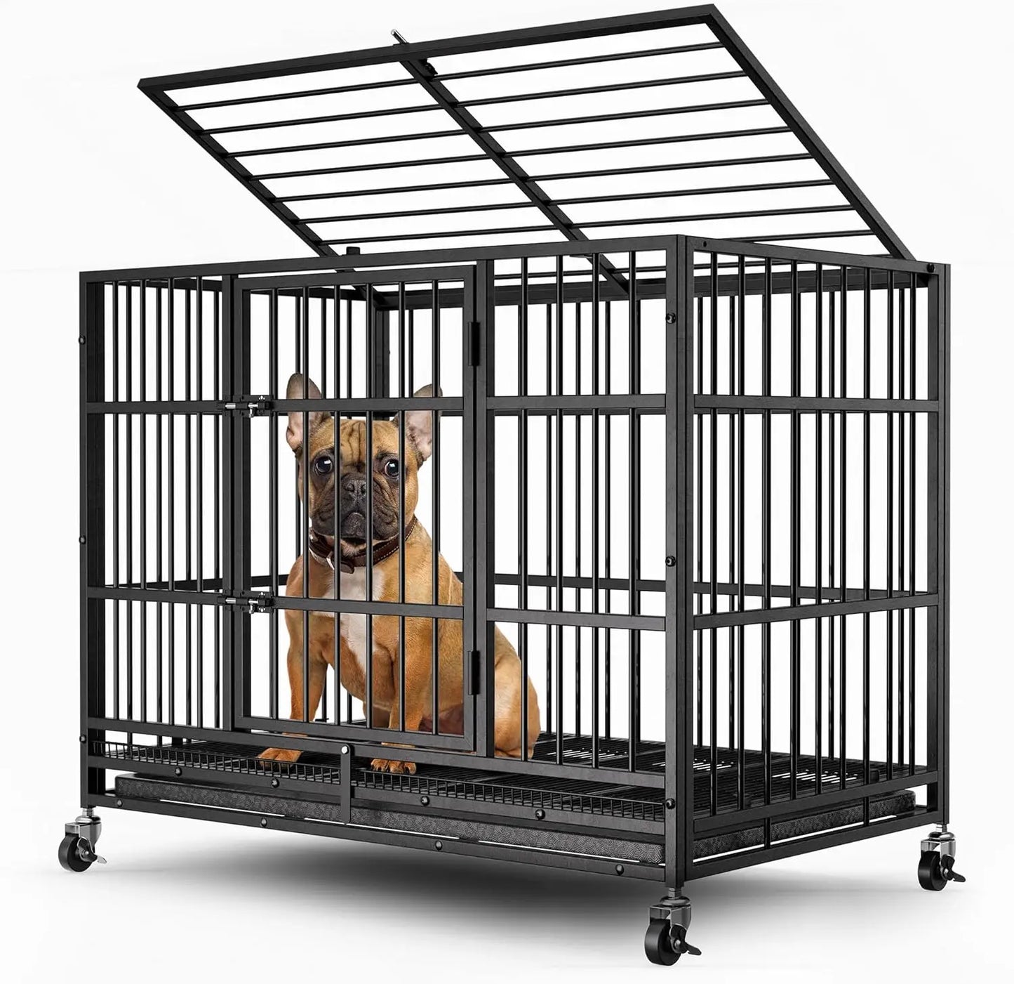 38" Heavy Duty Dog Crates for Small Dogs, Escape Proof, Upgraded 4 Lockable Wheels, Removable Door, Dog Kennel Indoor, Max Load
