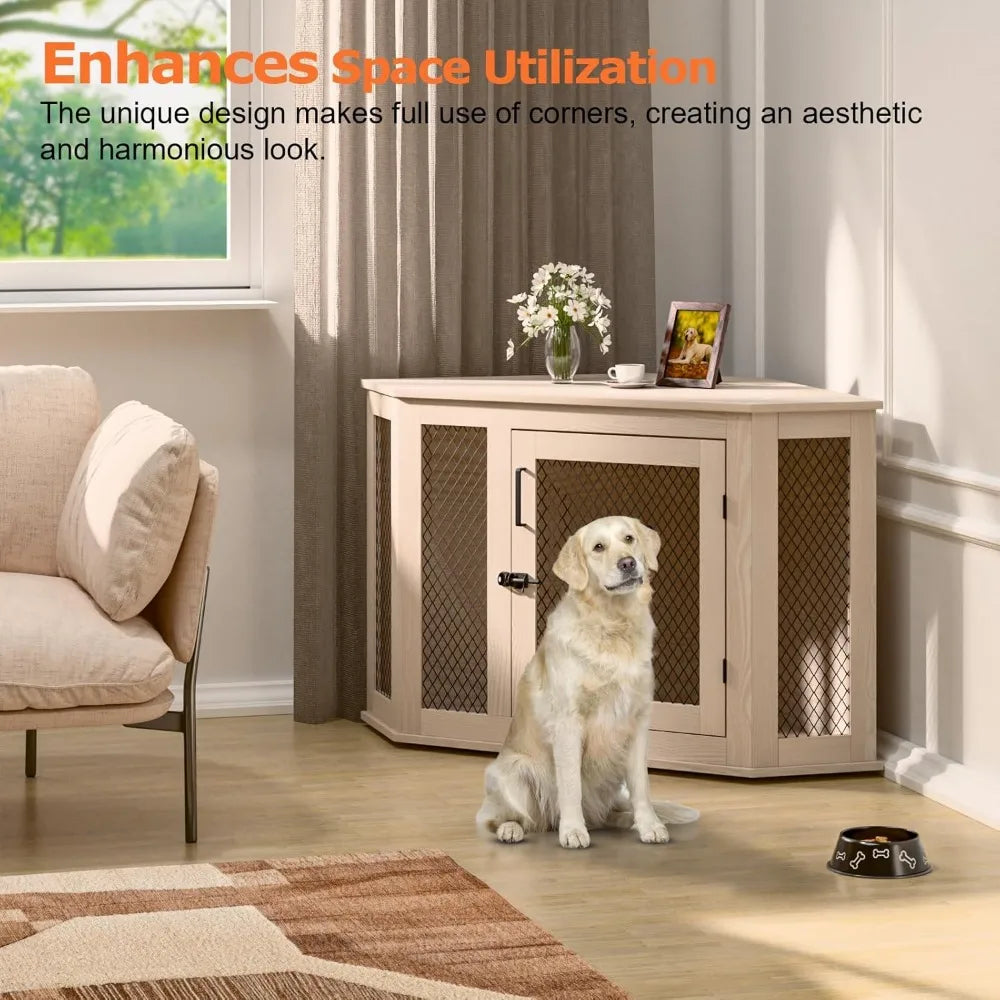 Corner Dog Crate Furniture, 52" Wooden Dog Kennel Furniture End Table with Mesh, Dog Kennel Indoor Furniture for Small Medium La