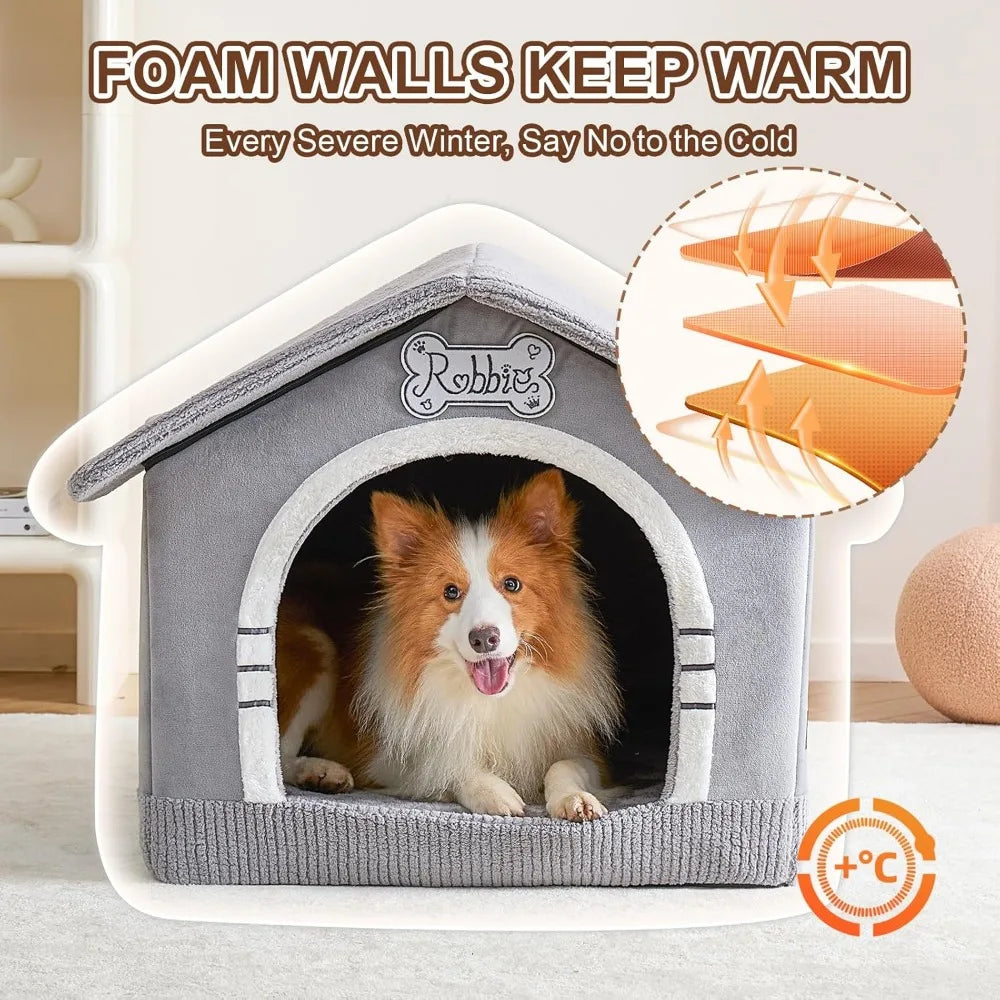 Indoor Dog House with Frame, Large Dog Cave Bed, Insulated Cozy, Suitable for 25-60 lb, Large Plus (30"×26"×25"), Gray