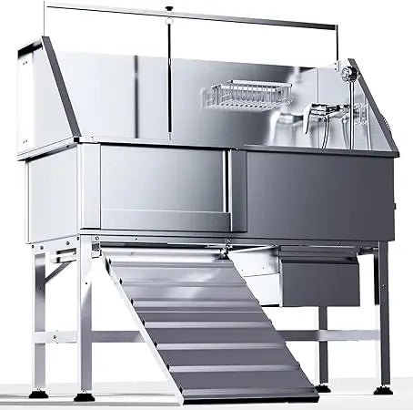 46" Dog Washing Station, Professional Stainless Steel Dog Bathtub w/Ramp & Storage Drawer, Adjustable Grate, Non-Slip Design, Pe