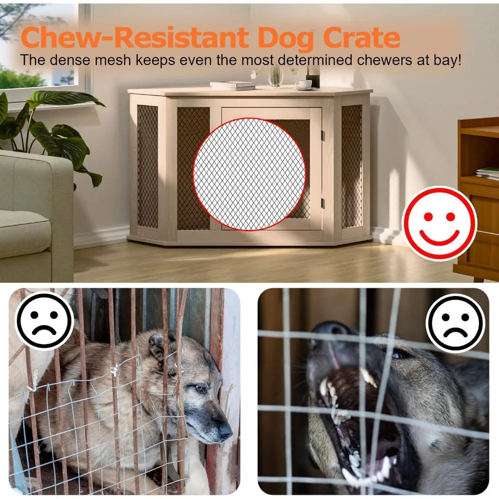 Corner Dog Crate Furniture, 52" Wooden Dog Kennel Furniture End Table with Mesh, Dog Kennel Indoor Furniture for Small Medium La