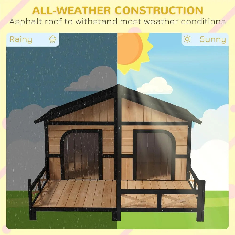 Wooden Large Dog House Outdoor Double XL Dog Kennel with Elevated Floor and Porch, Weatherproof Puppy Shelter for Small and Med