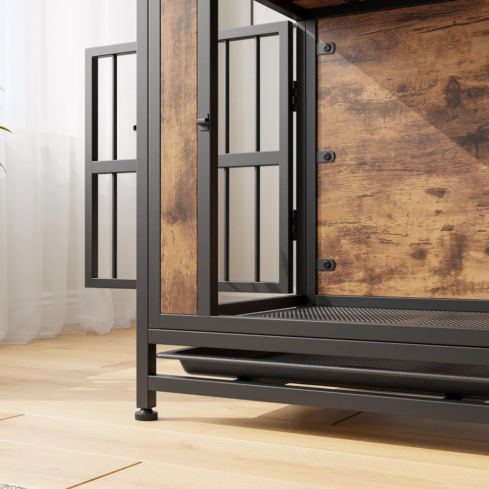 Dog Crate Furniture, Wooden Dog Crate Table, 32.8" Dog Kennel with 2 Sliding Doors and Thick Iron Door Frame, Decorative Pet