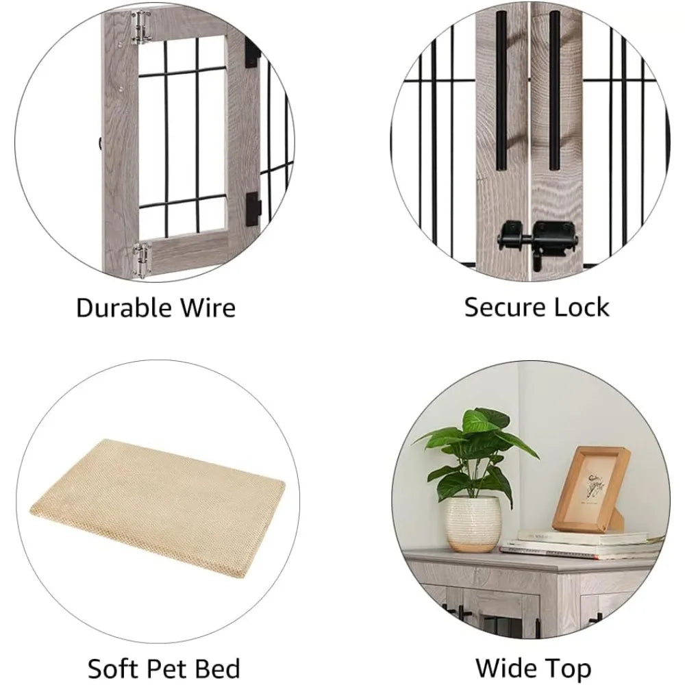Furniture Style Dog Crate End Table, Double Doors Wooden Wire Dog Kennel with Pet Bed, Pet Crate Dog House Indoor Medium Large