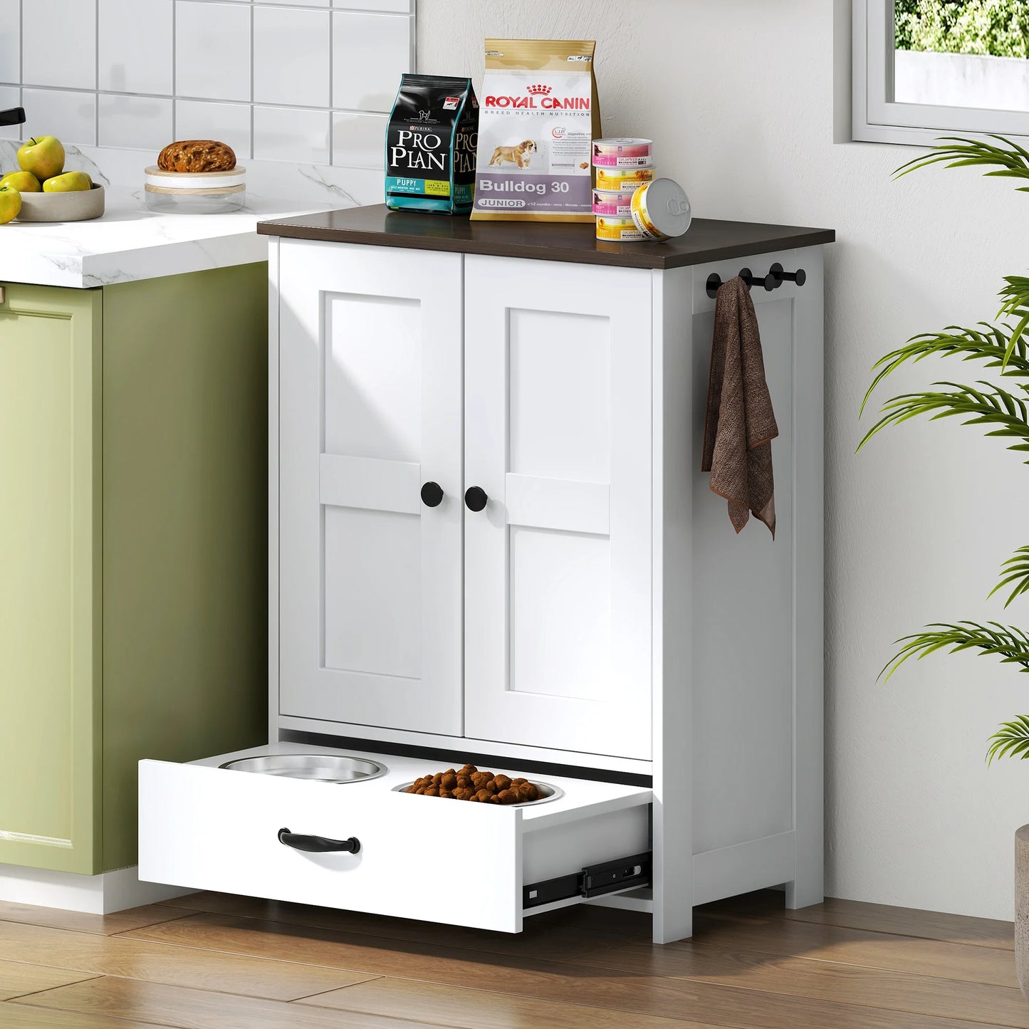 Pet Feeding Station Food Storage Cabinet with 3pcs Hooks Hidden Detachable Stainless Steels Dog Bowls for Medium Sized Dogs