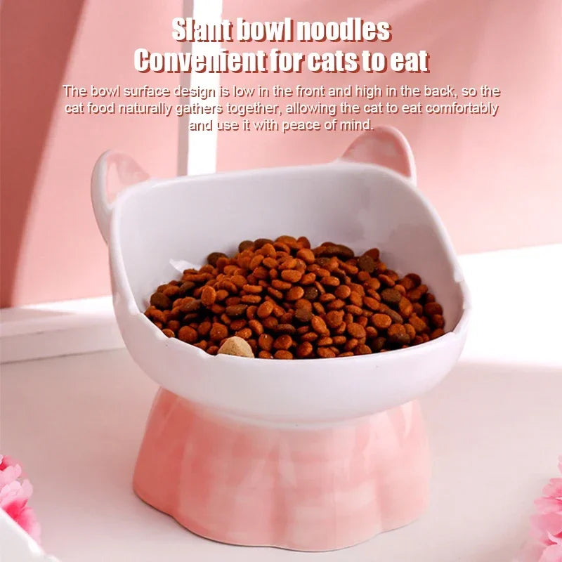 New Ceramic Cat Bowl Protects Cervical Vertebra from Overturning, Oblique Opening High Foot Food Bowl Pet Supplies