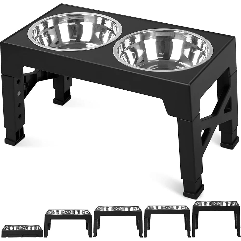 Elevated Dog Bowls with Adjustable Stand 5 Heights Includes 2 Stainless Steel Bowls Anti-slip Easy Clean Feeding Station