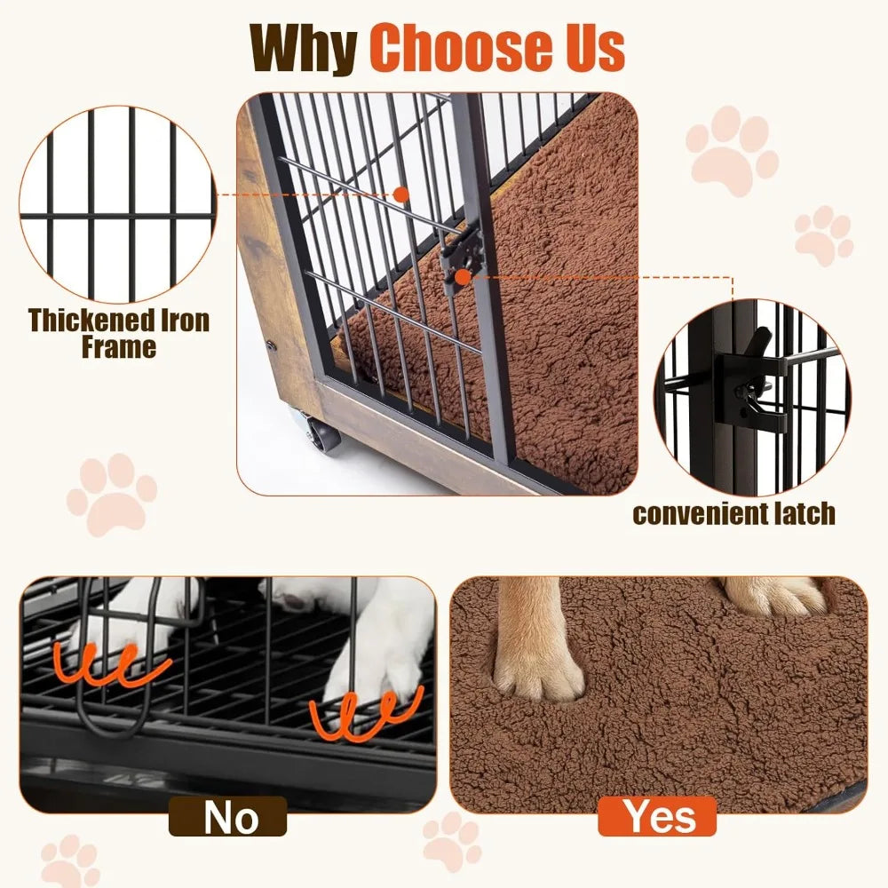 32 Inch Dog Crate Furniture with Cushion, Wooden Double Doors Kennel Cage Indoor with Wheels, Pet House Decorative Side