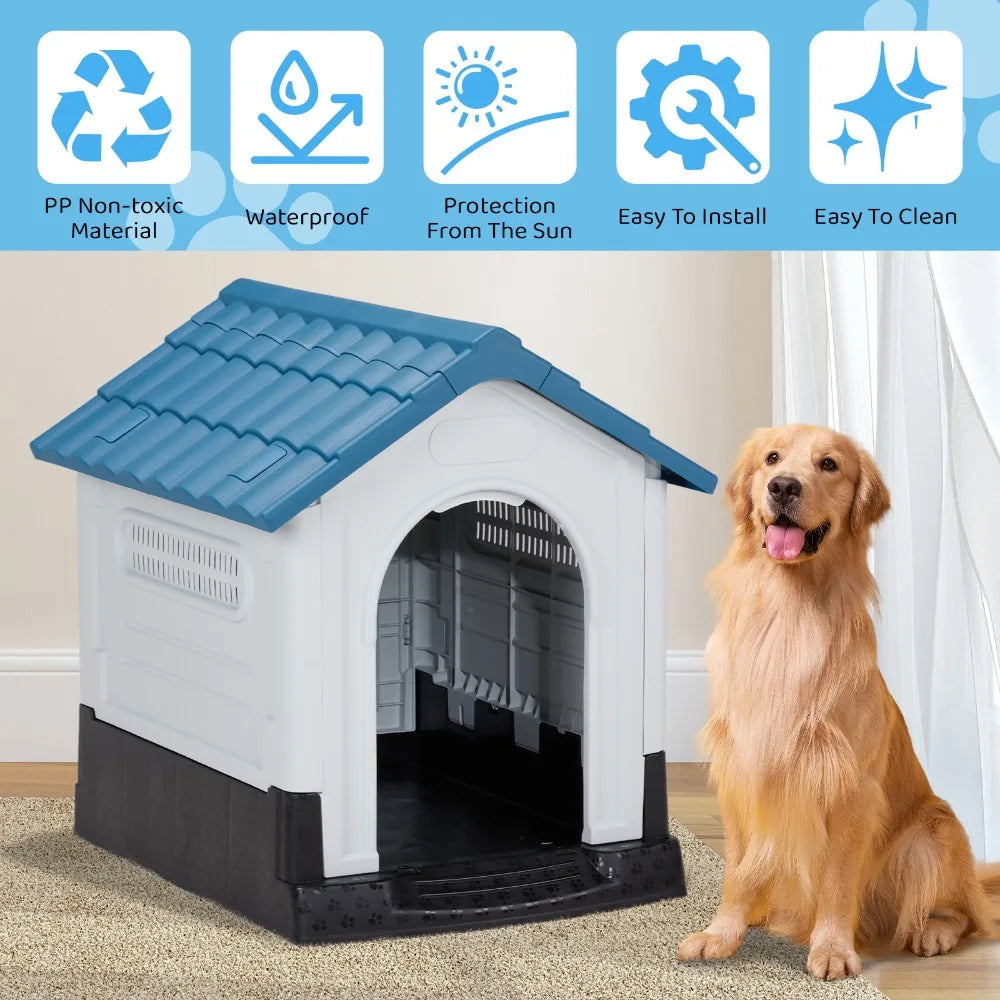 26 inch Plastic Dog House,with Air Vents and Elevated Floor, Insulated Water Resistant Puppy Shelter Kennel Doghouse Pet House